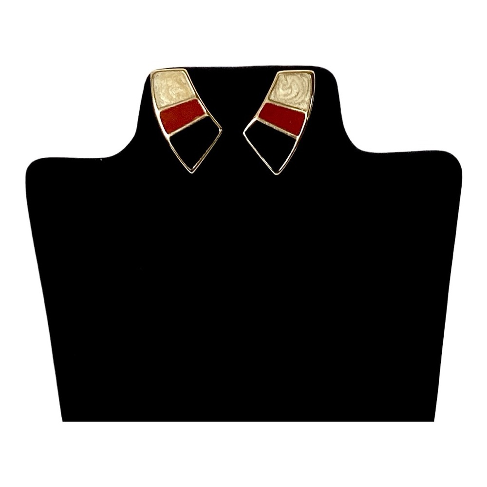 Monet Colorblock Earrings Gold Tone Black Red Cream Inlay Post Earrings Vintage